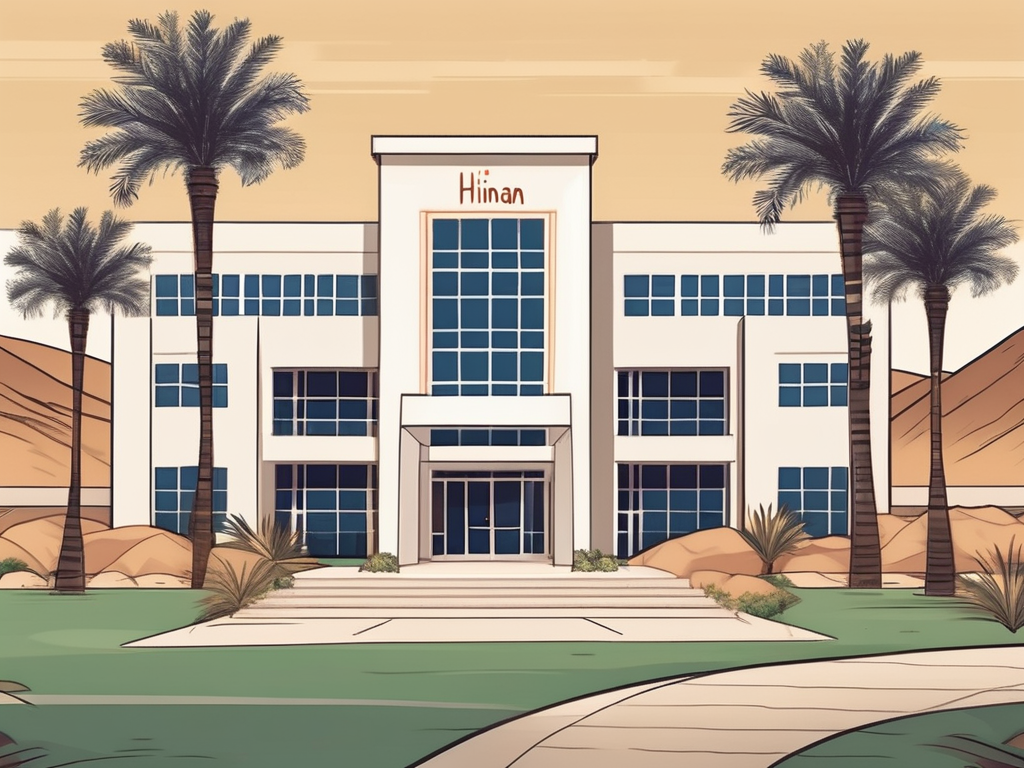 An international school building in oman with a "hiring" sign on the front lawn