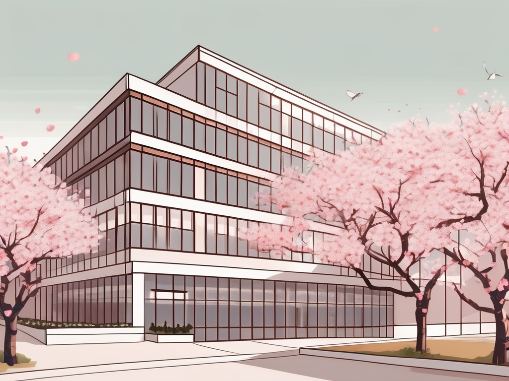 An international school building in south korea with a "hiring now" sign on the front