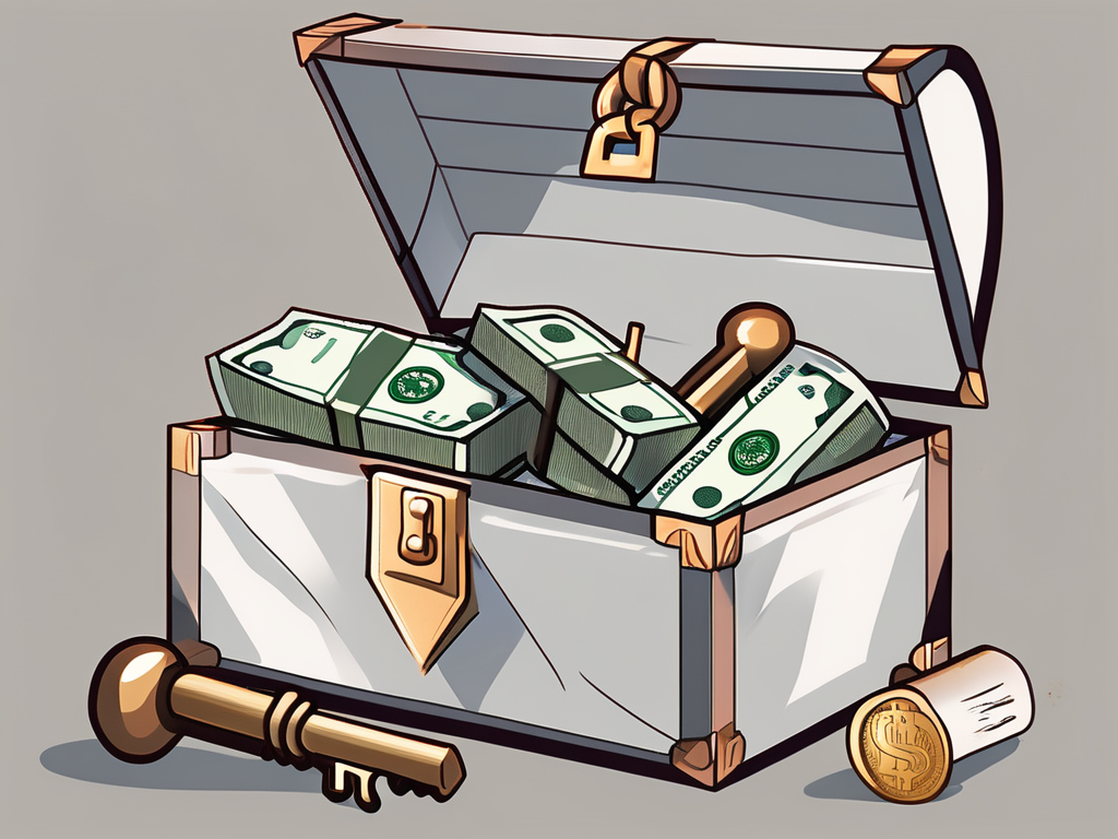 A key unlocking a chest filled with malaysian currency