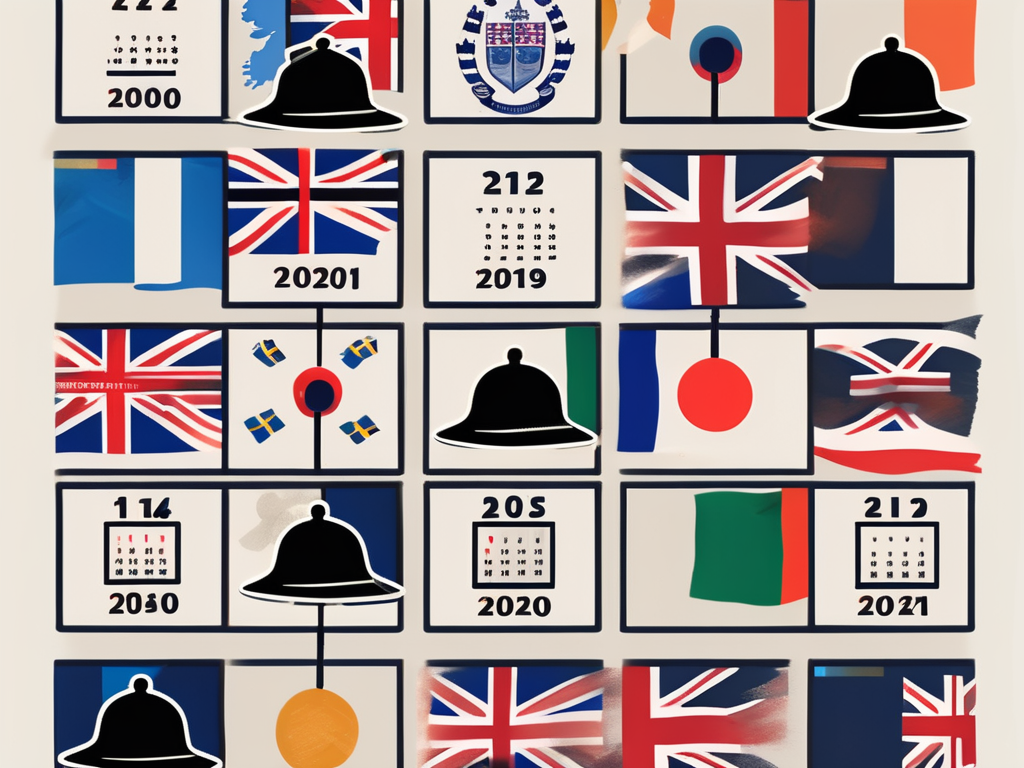 A calendar with various international flags marking specific dates