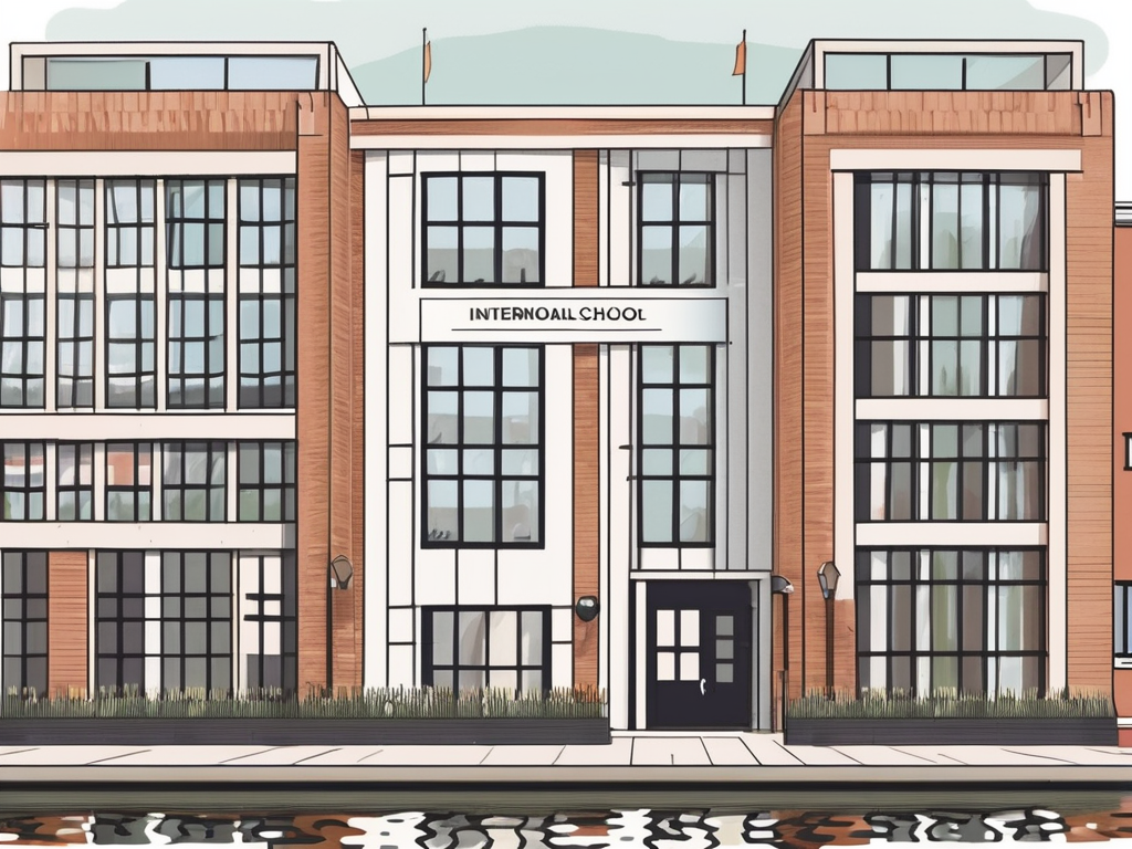 An international school building in amsterdam with a "hiring now" sign hanging on the entrance gate