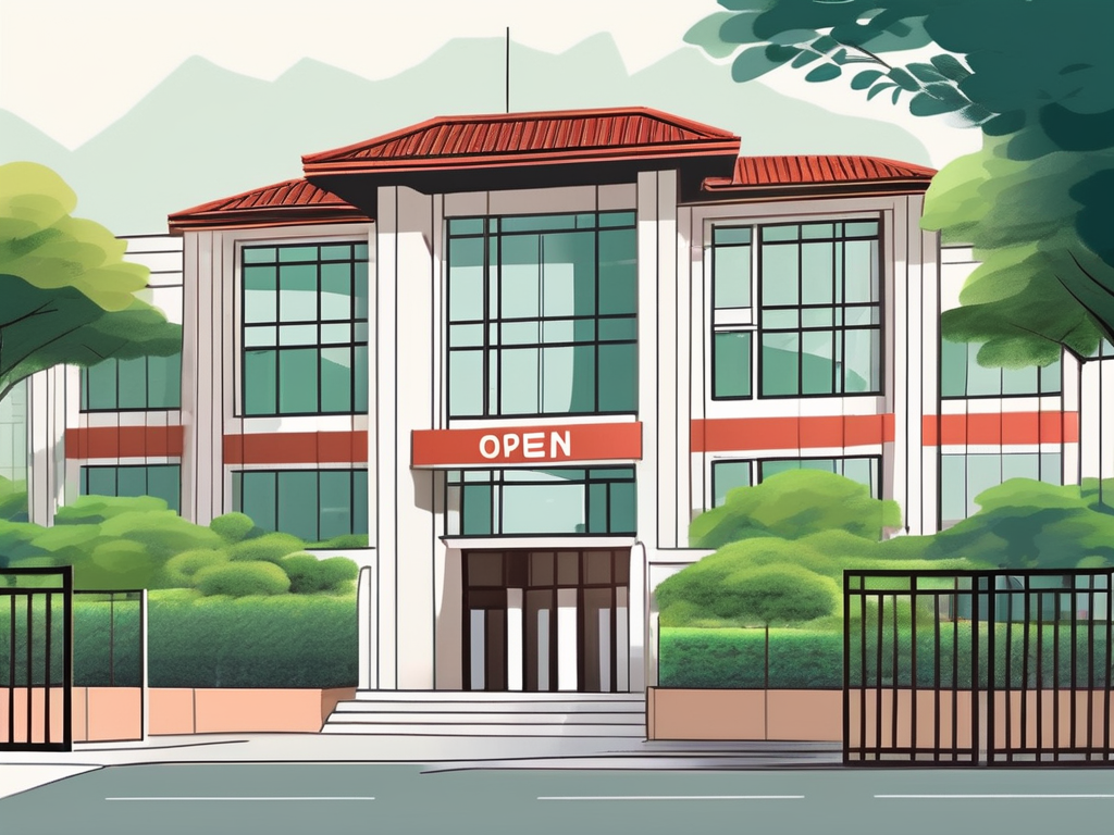 An international school building in hanoi with an "open" sign on the gate