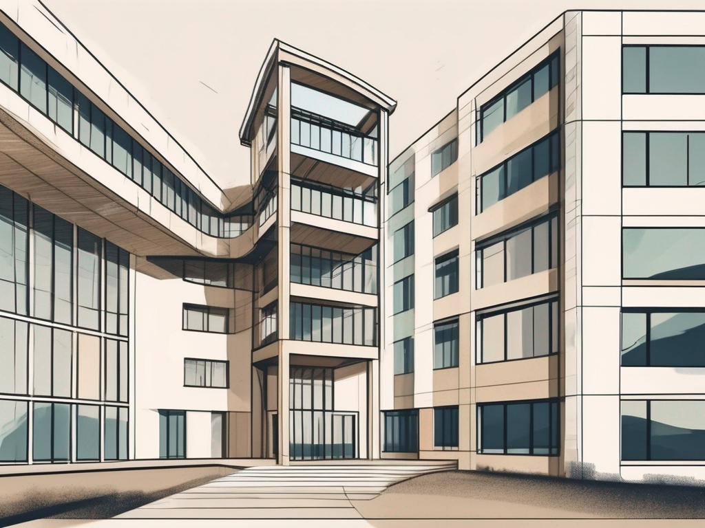 An international school building in bulgaria with a symbolic hourglass nearby