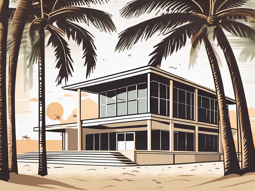 An international school building nestled among palm trees on a sandy beach in the cayman islands