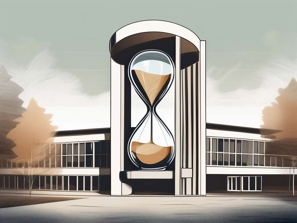 An international school building in estonia with a symbolic hourglass in the foreground