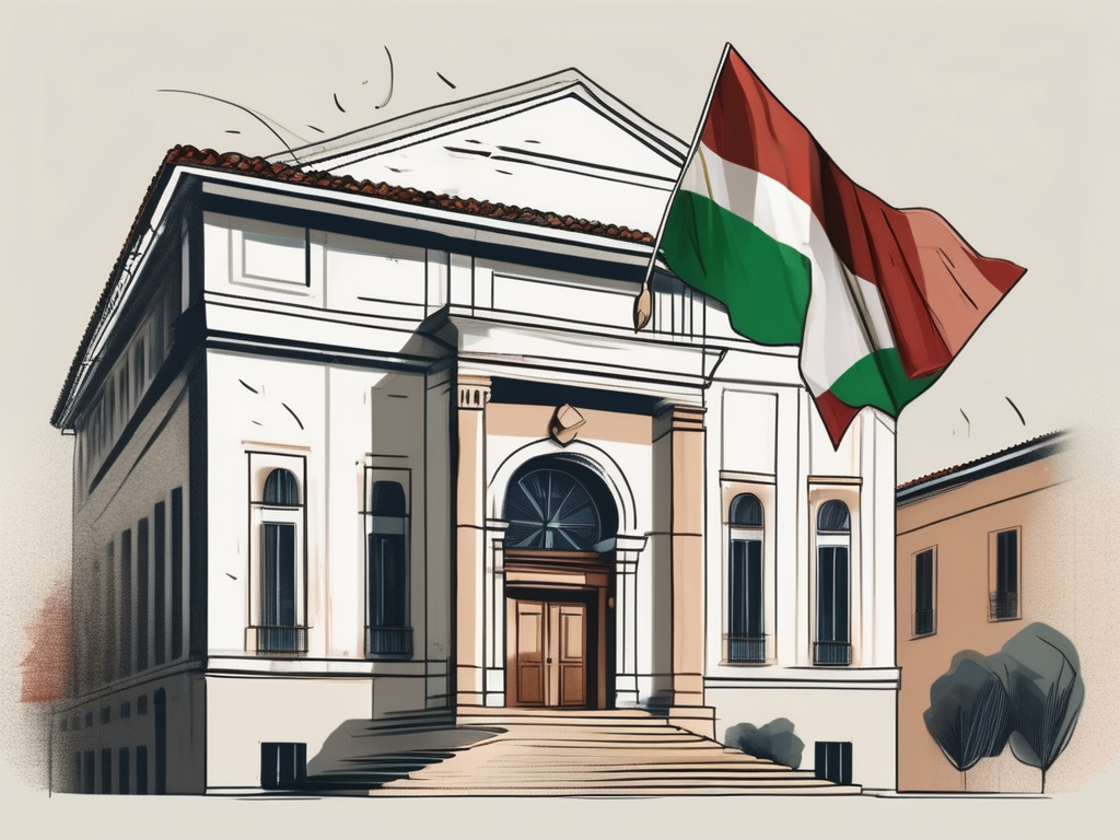 An italian school building with various international flags fluttering in the breeze and a symbolic hourglass beside it