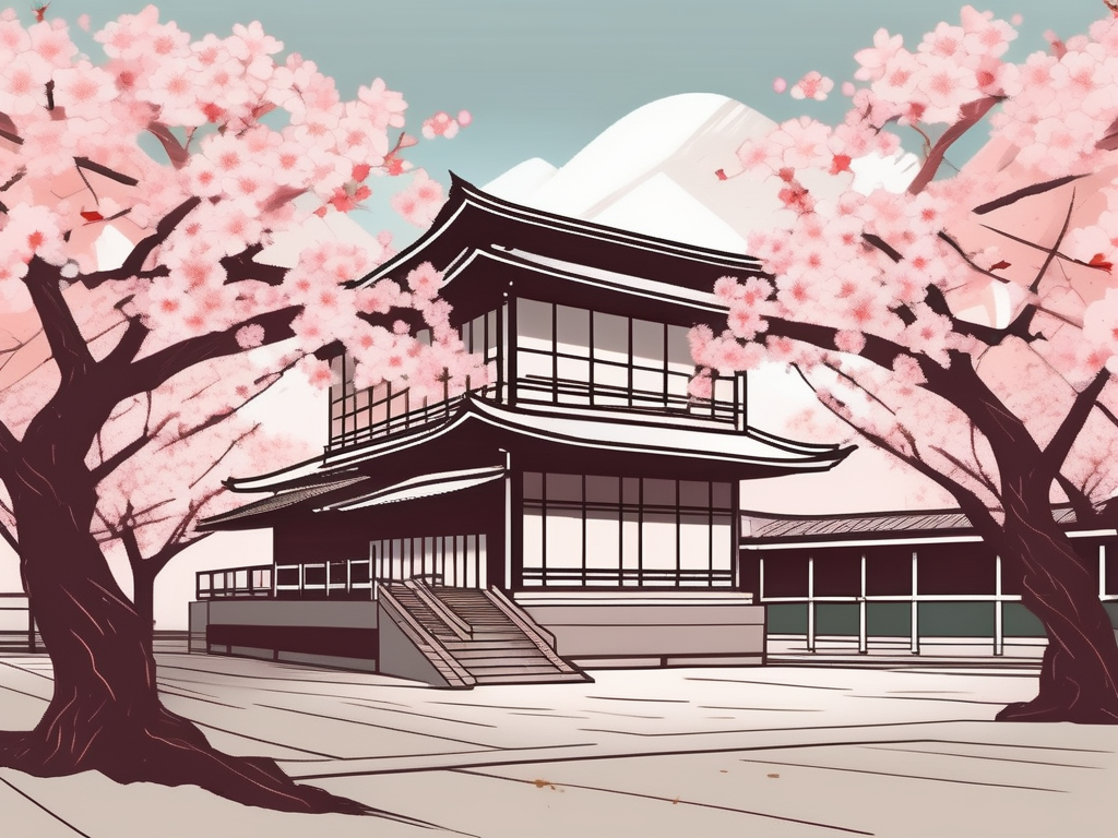 A traditional japanese school building with international flags fluttering in the breeze