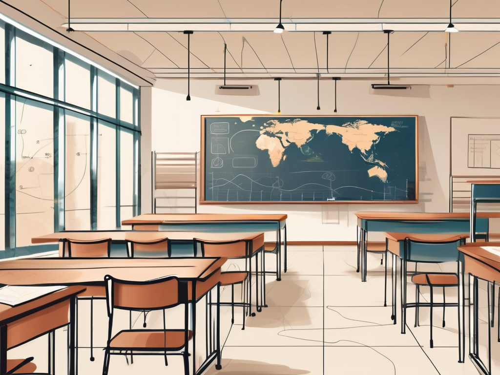 An international school building in jordan with a timeline showing different stages of teaching experience symbolized by different educational tools