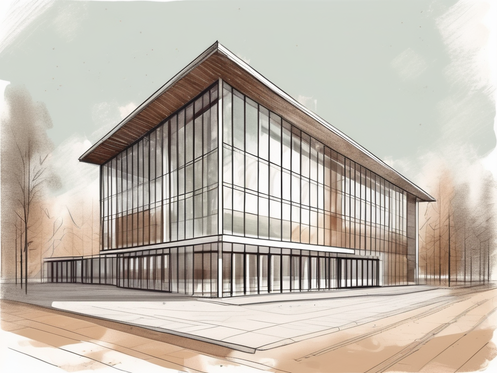 An international school building in latvia with a symbolic hourglass next to it