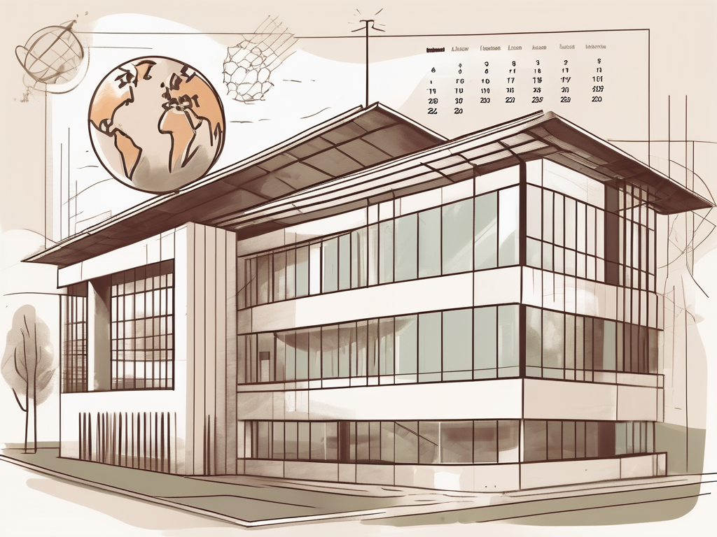 An international school building in luxembourg with various symbolic elements like a globe