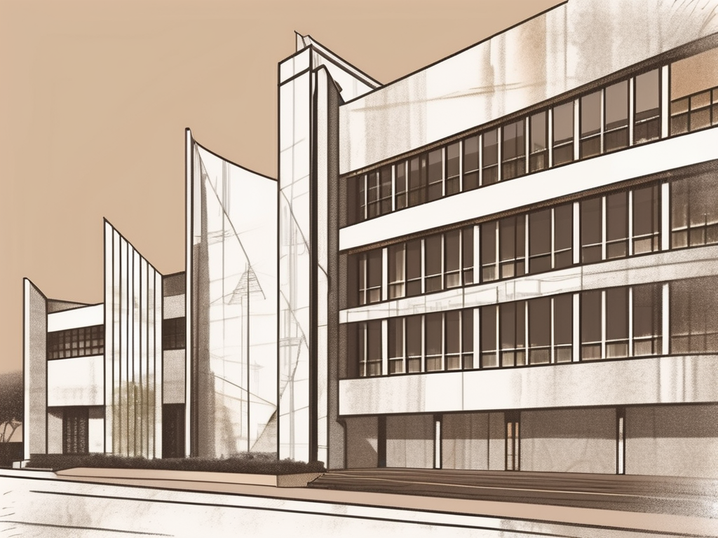 An international school building in macao with a symbolic hourglass in the foreground