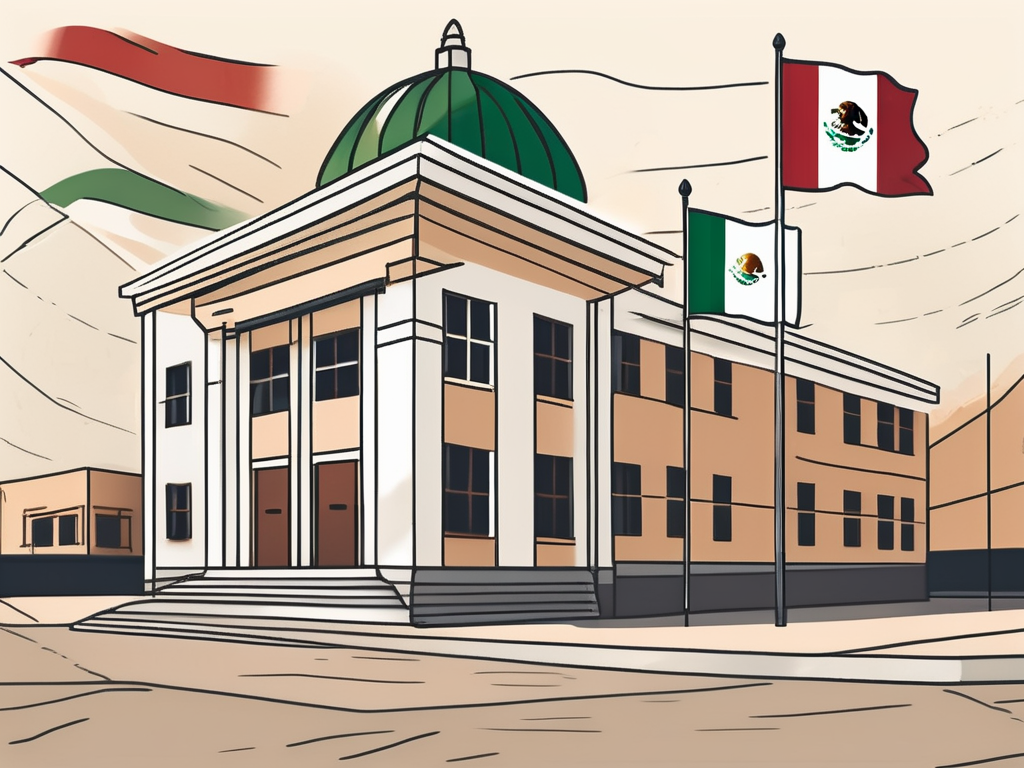 A traditional mexican school building with international flags fluttering around it