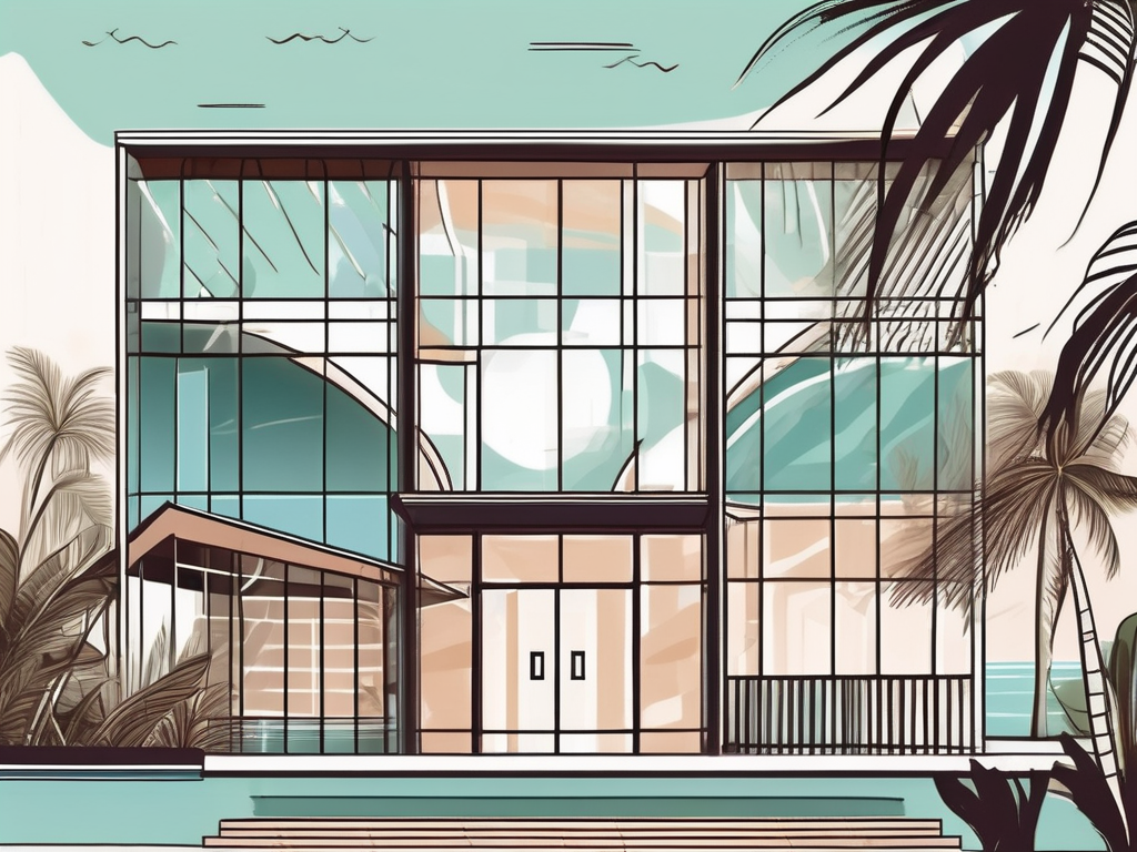 A modern international school building in the maldives surrounded by tropical scenery