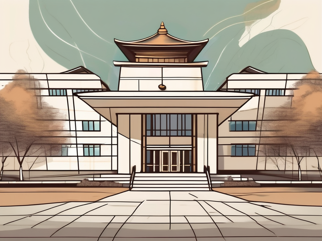 A mongolian international school building with a symbolic hourglass in front