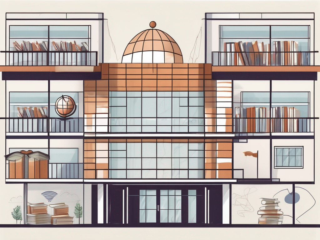 An international school building in the netherlands with various educational symbols like books