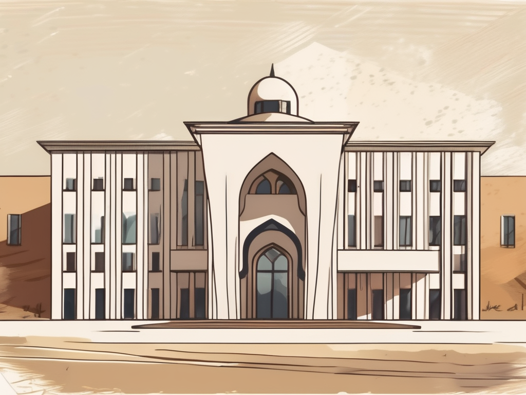 An international school building in morocco with a symbolic hourglass in the foreground