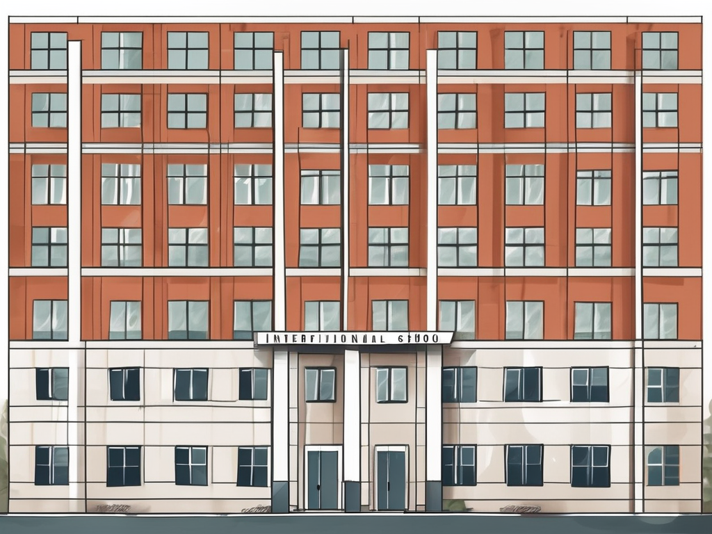 A norwegian international school building with a timeline showing different milestones