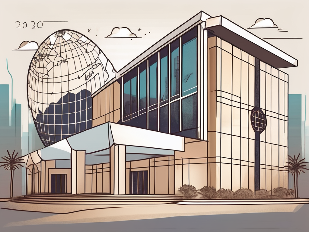 An international school building in saudi arabia with various educational symbols like books