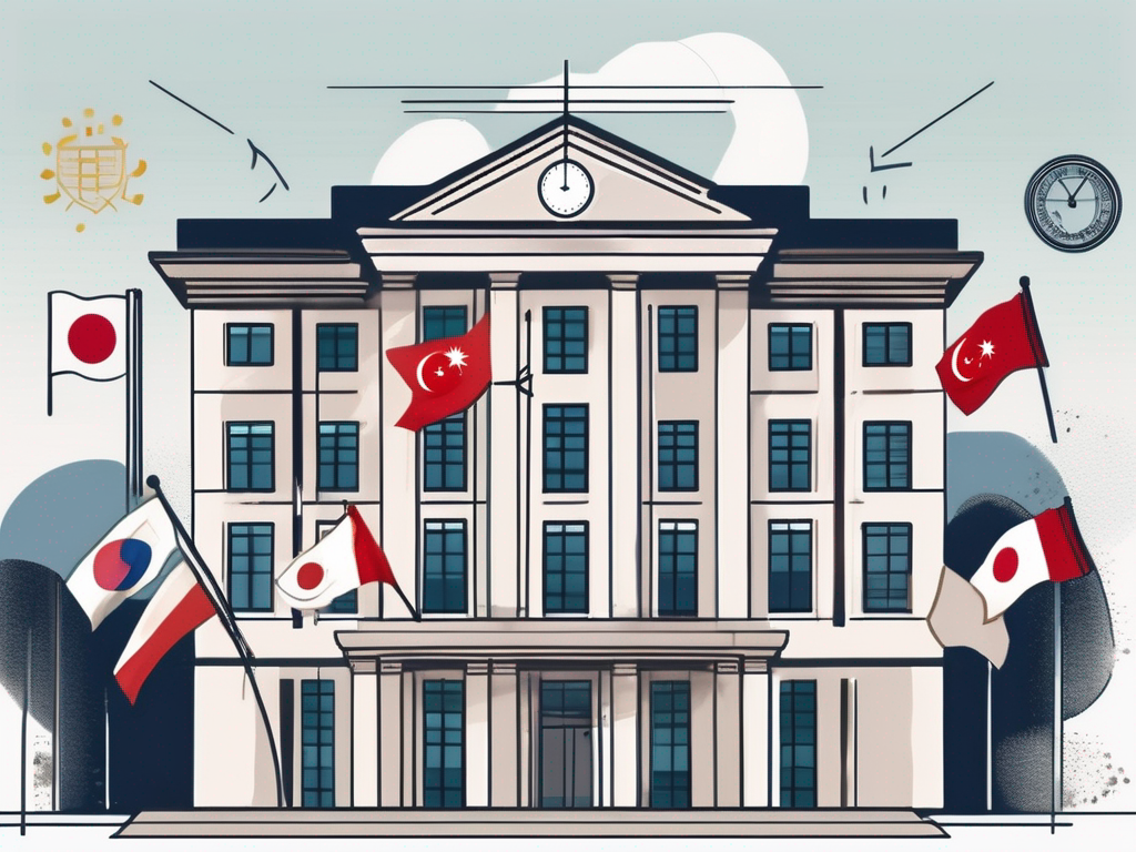 A singaporean school building with international flags fluttering in the wind