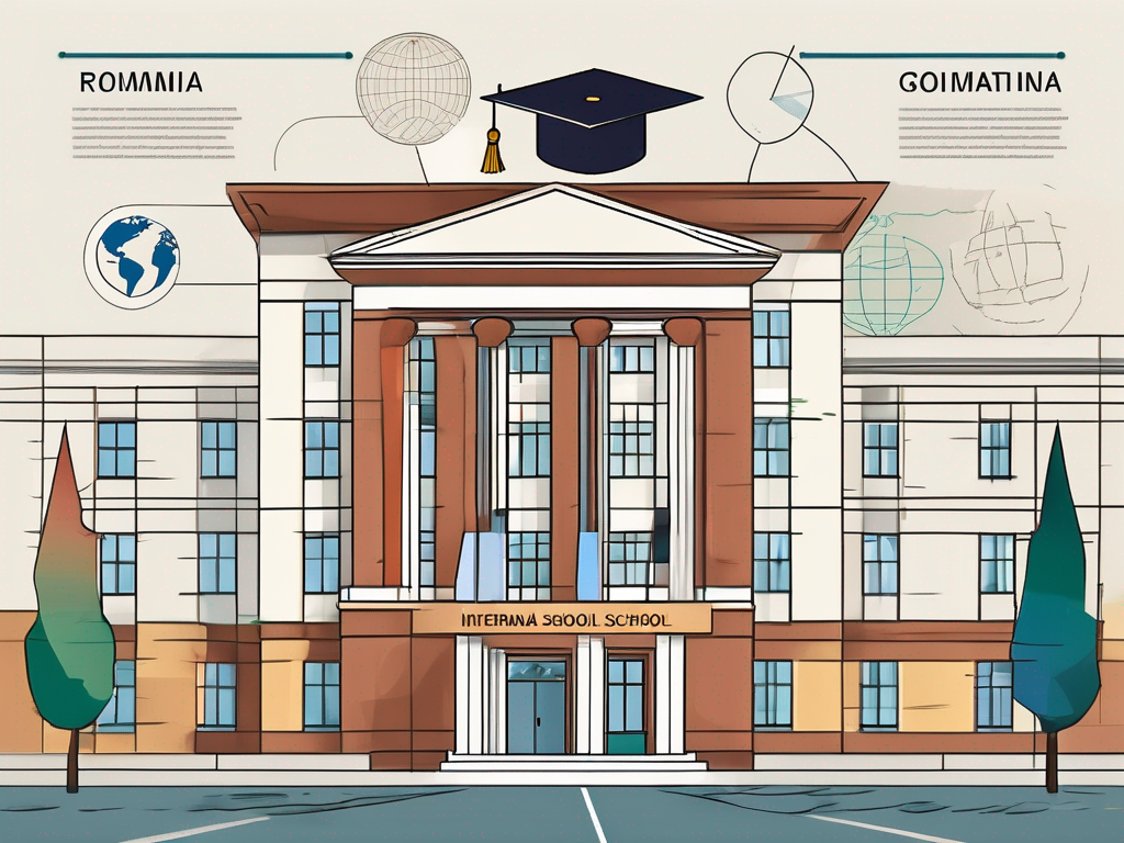 An international school building in romania with a timeline showing different stages of teaching experience symbolized by different teaching tools such as books