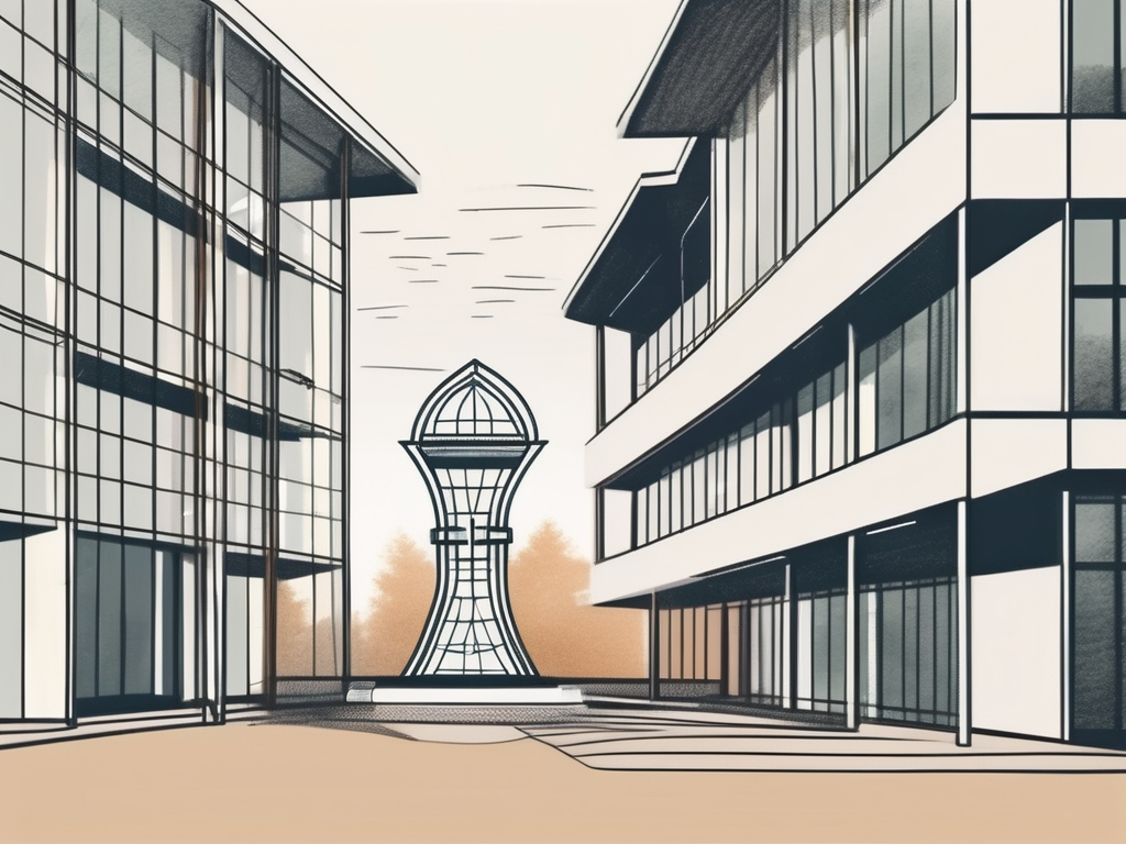 A swedish international school building with a symbolic hourglass next to it