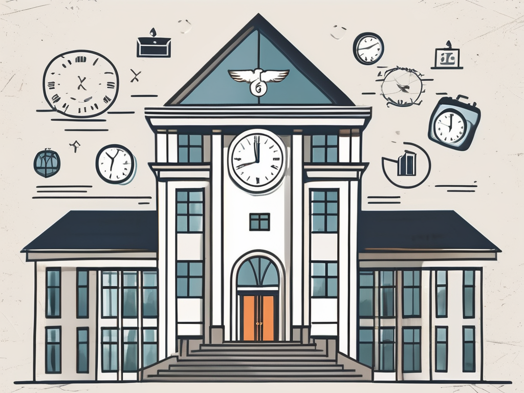 A swiss international school building with various symbolic icons like a graduation cap