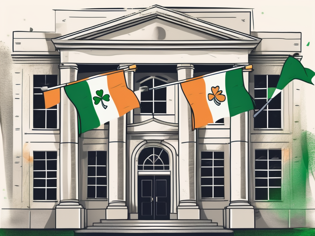 A traditional irish school building with various international flags fluttering in the wind