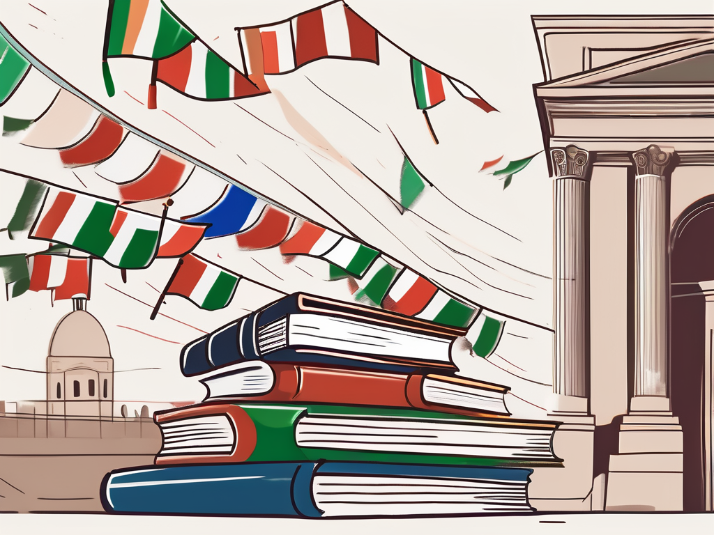 A traditional italian school building with international flags fluttering around it and a pile of books and a graduation cap in the foreground
