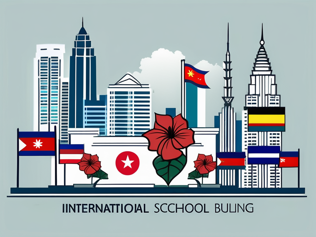 An international school building in kuala lumpur with various national flags fluttering
