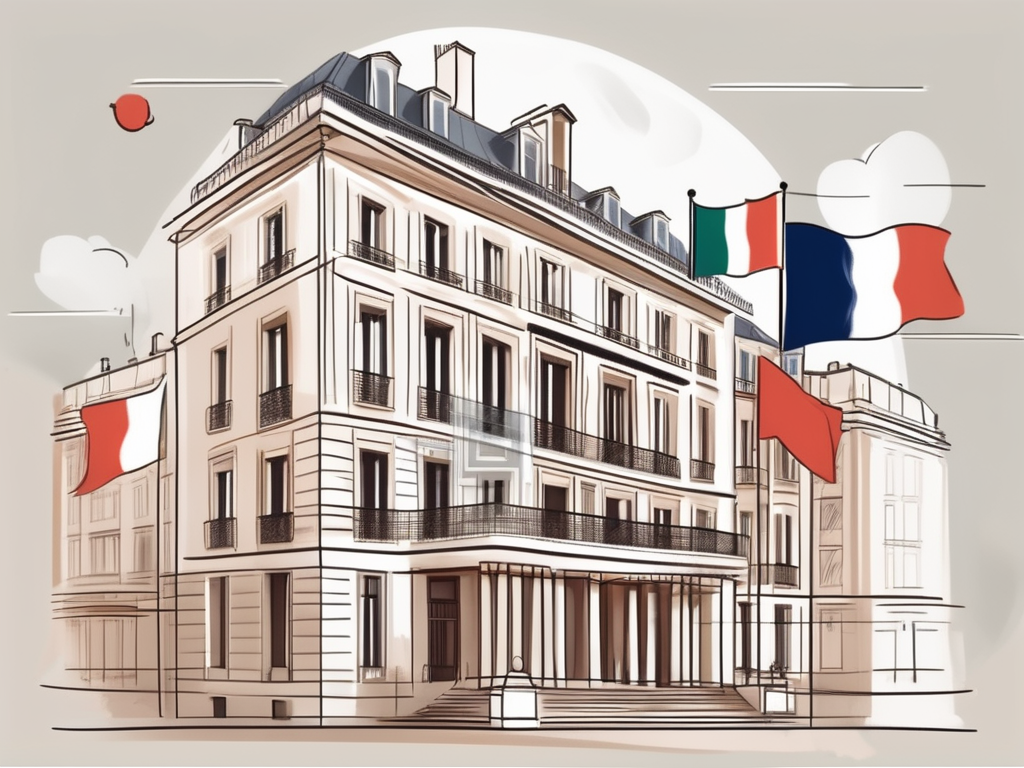 A classic parisian school building with international flags fluttering in the wind