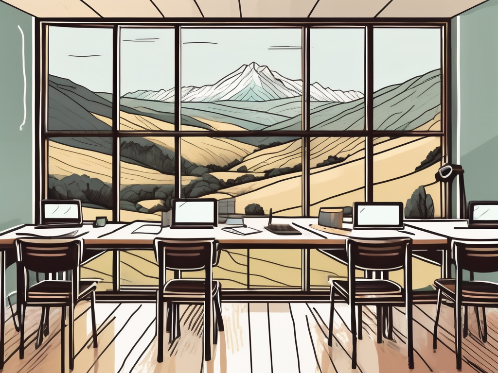 A classroom setting with diverse educational tools and a picturesque view of new zealand's landscape through the window