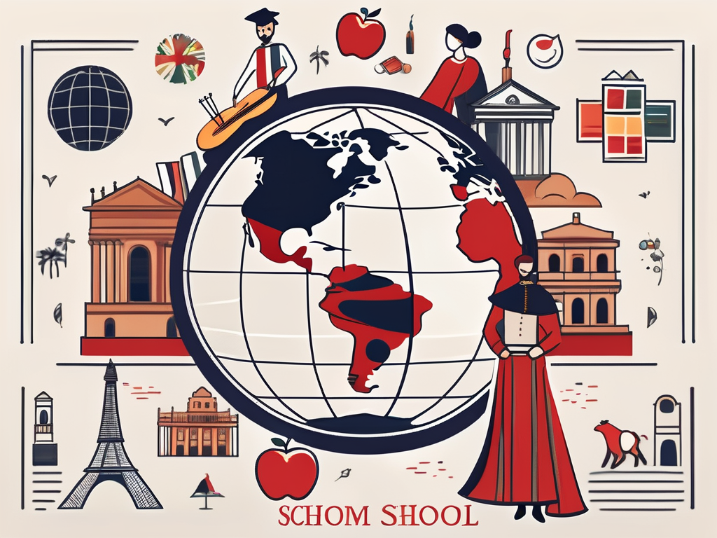 A spanish international school surrounded by various symbols of education like a globe