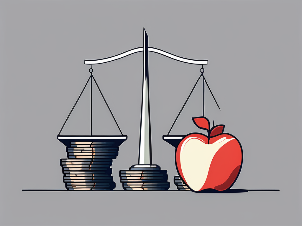 An international school building in abu dhabi with a symbolic scale balancing a stack of coins and an apple