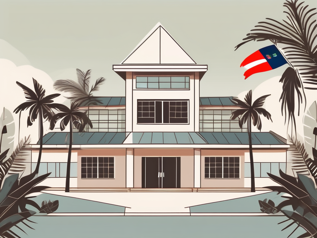 An international school building with a cayman islands flag flying on top