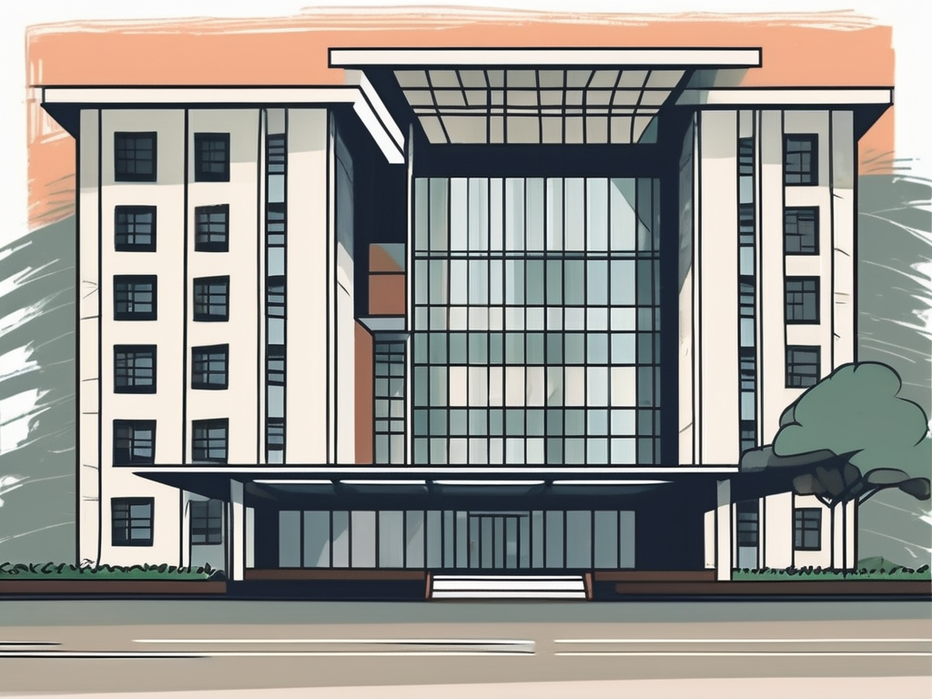 An international school building in jakarta with a symbolic representation of indonesian rupiah