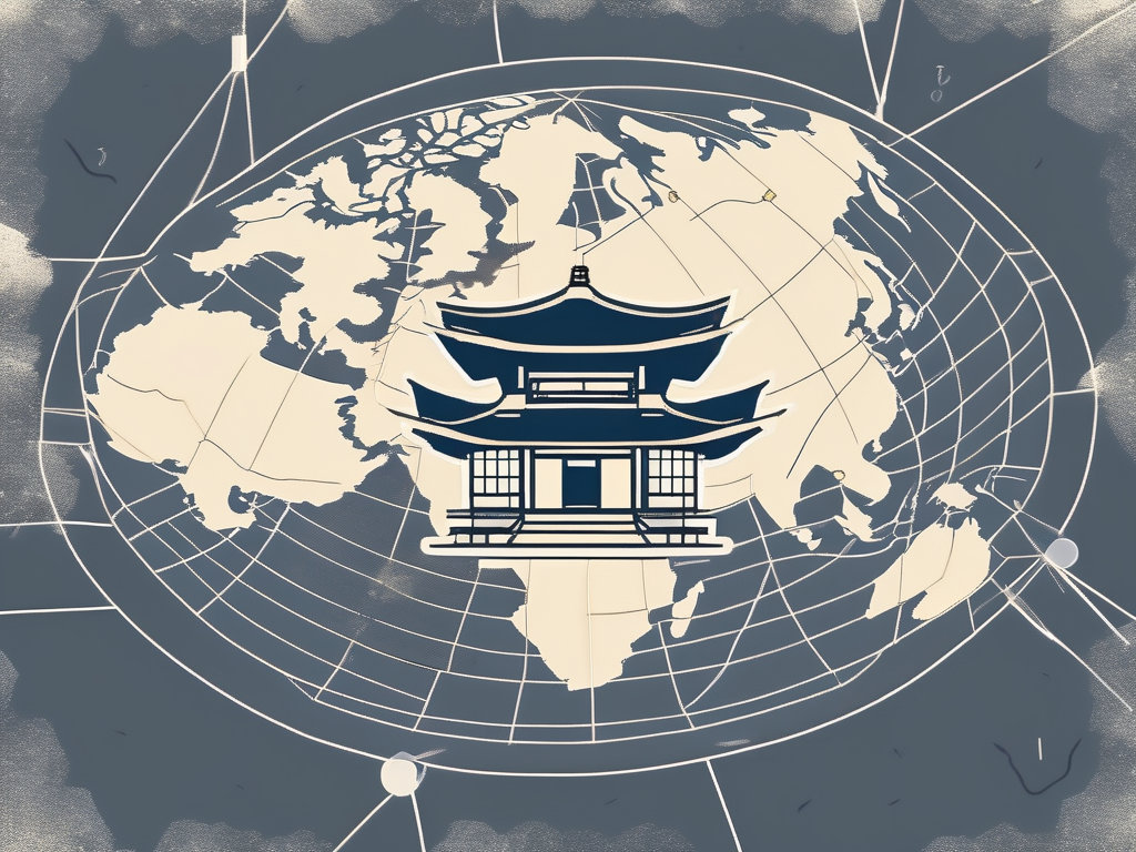 A traditional japanese school building with a global map and yen currency symbols floating around it