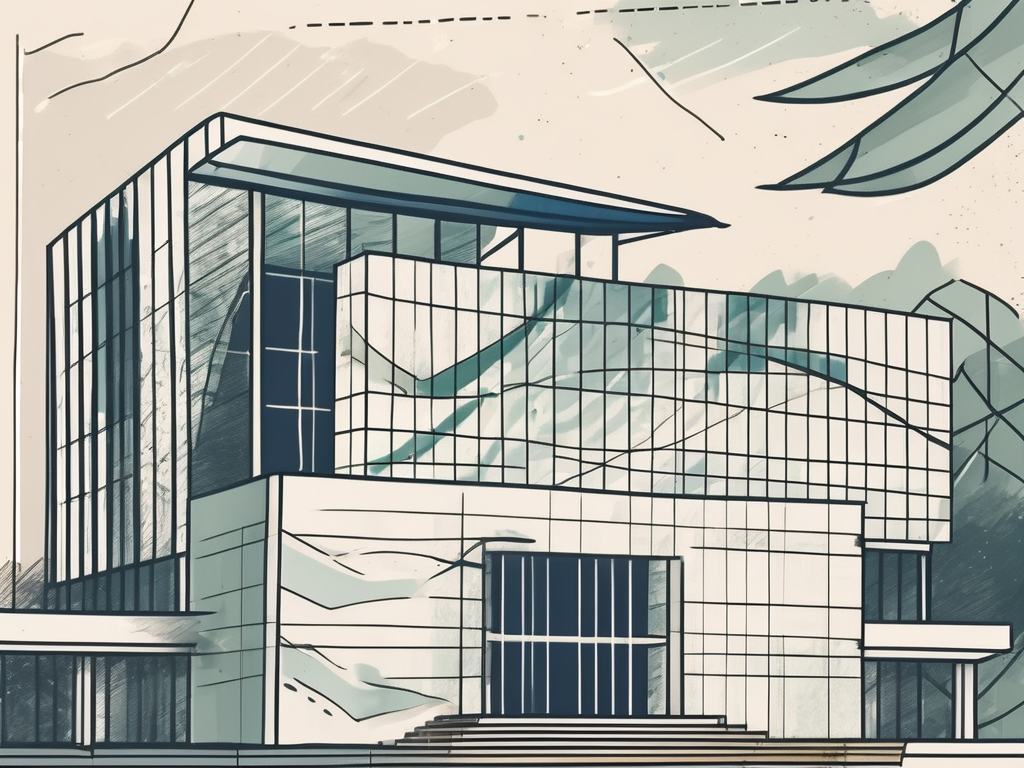 An international school building in malaysia with a symbolic representation of malaysian currency floating above it