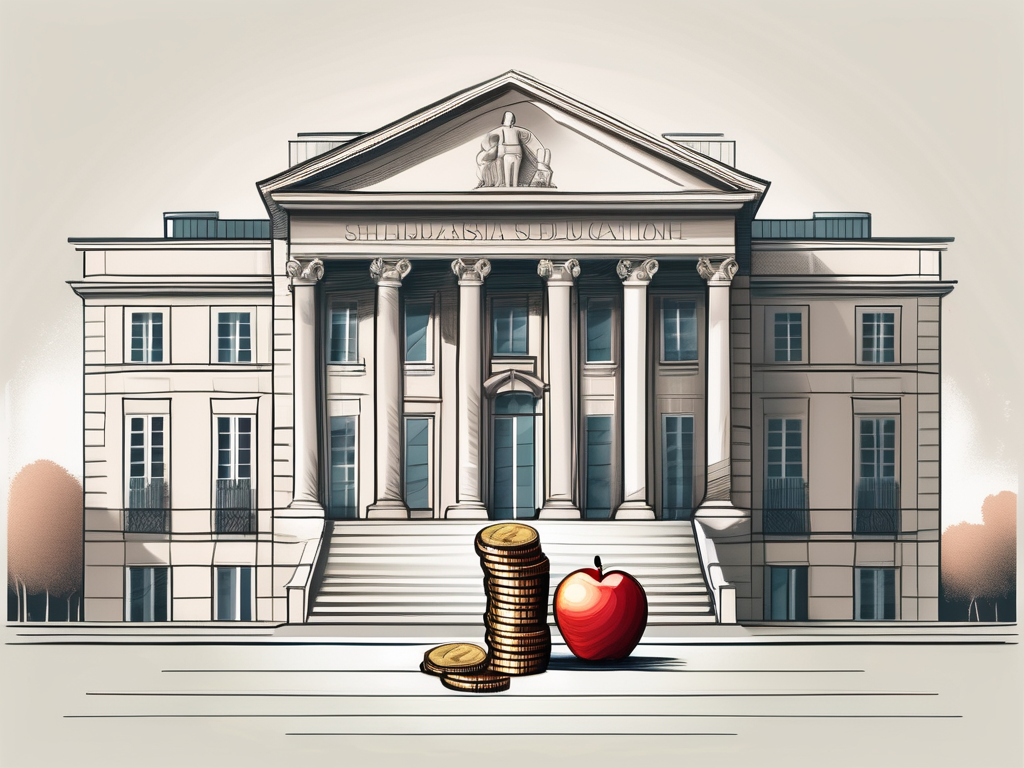 A classic parisian school building with a symbolic scale balancing a stack of coins and an apple
