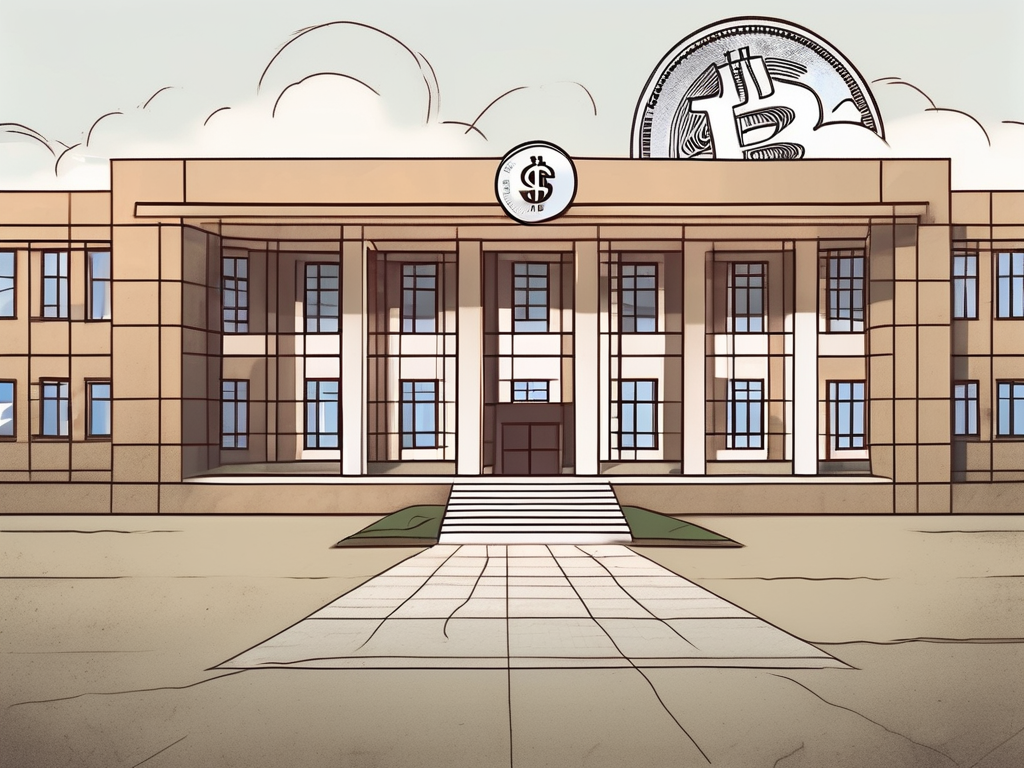 A typical international school building in mongolia with a symbolic representation of currency floating above it