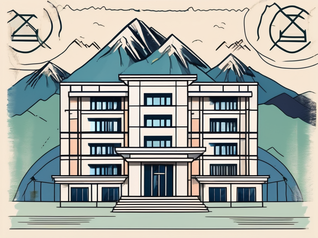 A typical international school building in nepal with a backdrop of the himalayan mountains