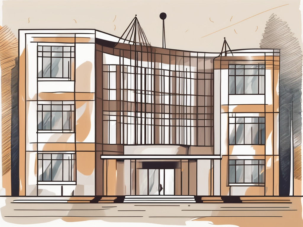 A dutch international school building with a symbolic scale balancing books and a bag of coins