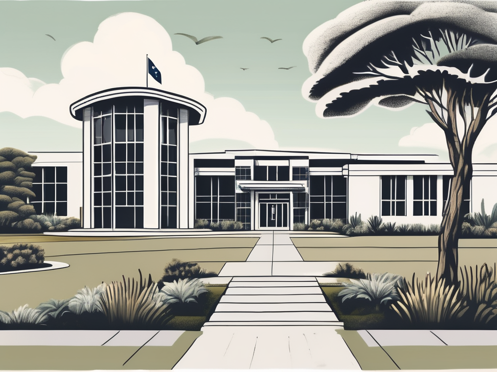 A traditional new zealand landscape with an international school building in the foreground and symbolic elements like a dollar sign and a teacher's cap subtly incorporated into the design