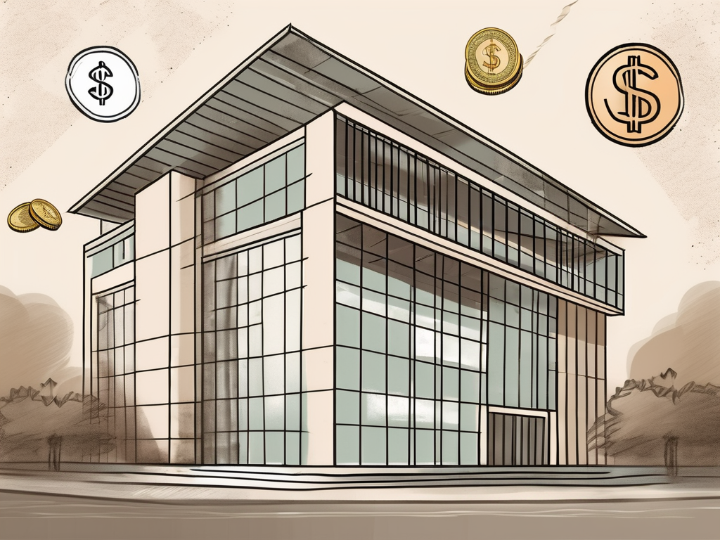 An international school building in pakistan with a symbolic representation of currency (like a bag of coins) hovering above it