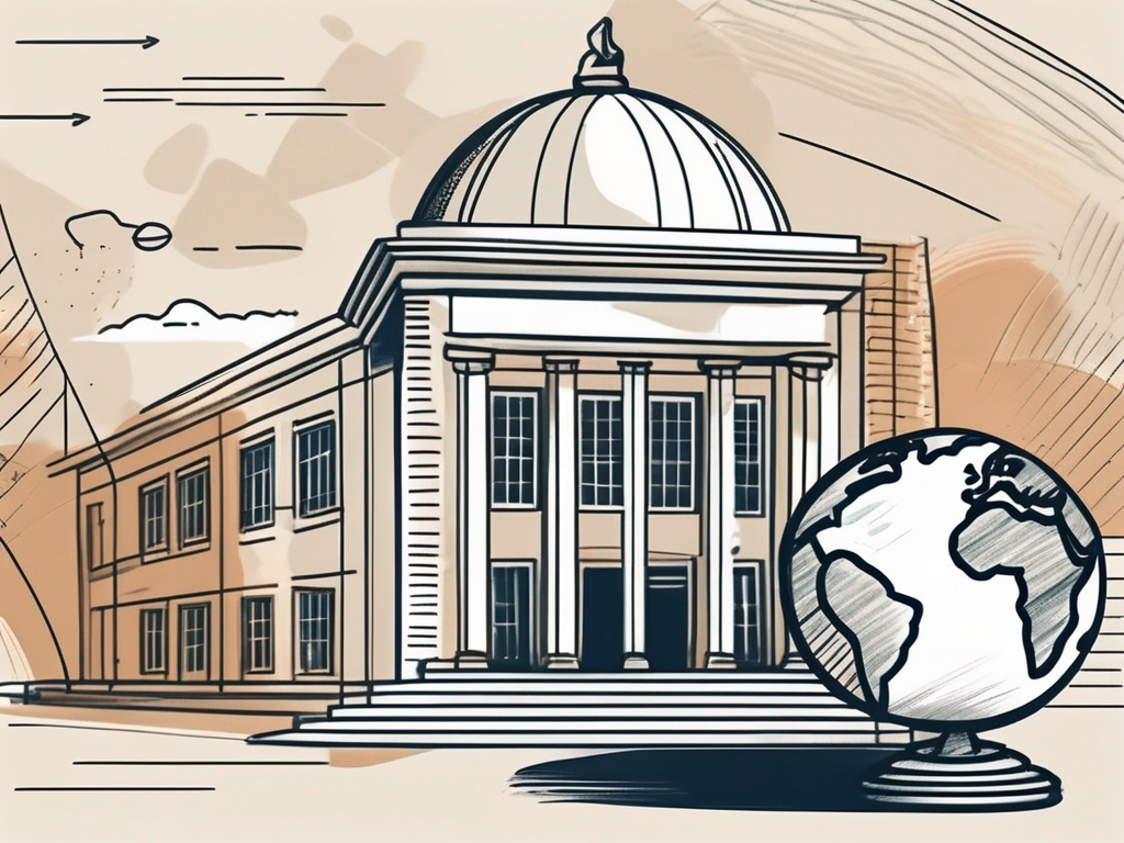 A traditional portuguese school building with a globe and a stack of coins nearby