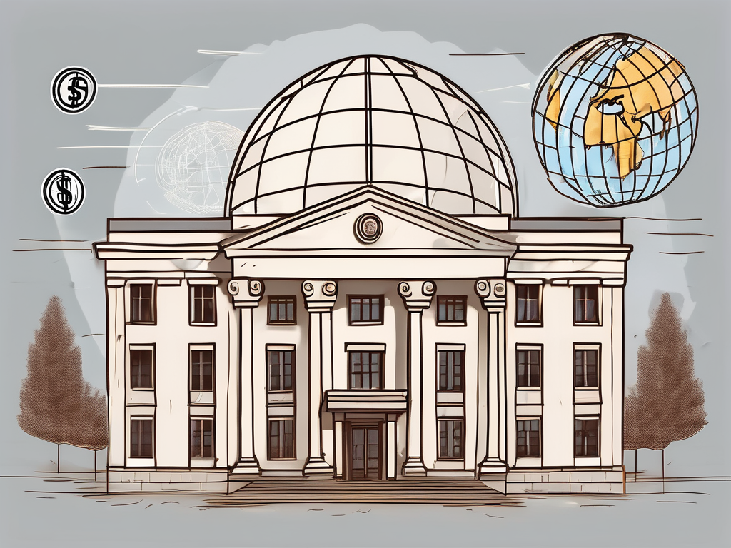 A traditional romanian school building with a globe and currency symbols floating around it