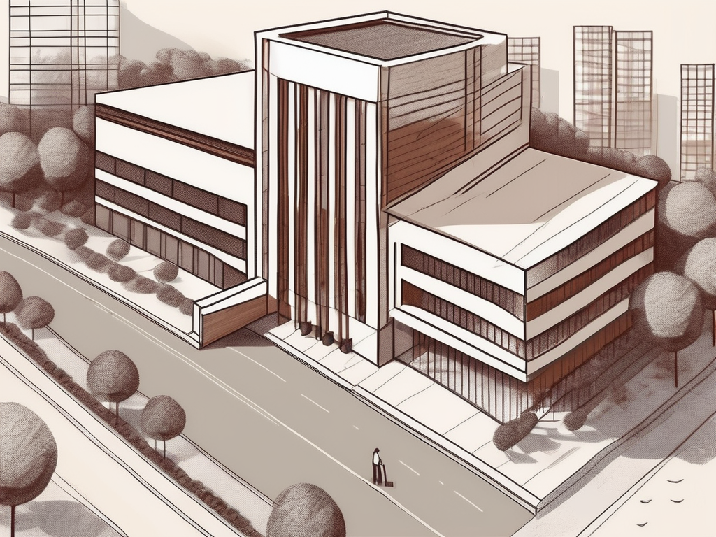 An international school building in shenzhen with a symbolic representation of currency (like a bag of coins) next to it