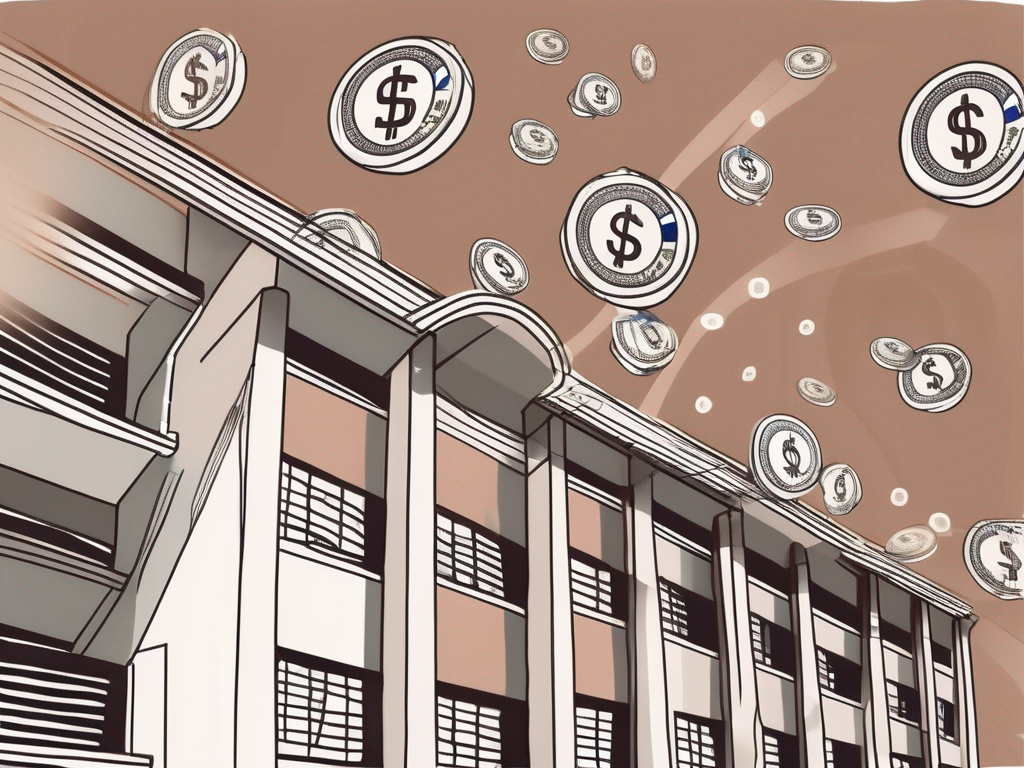 A typical international school building in singapore with currency symbols floating around it