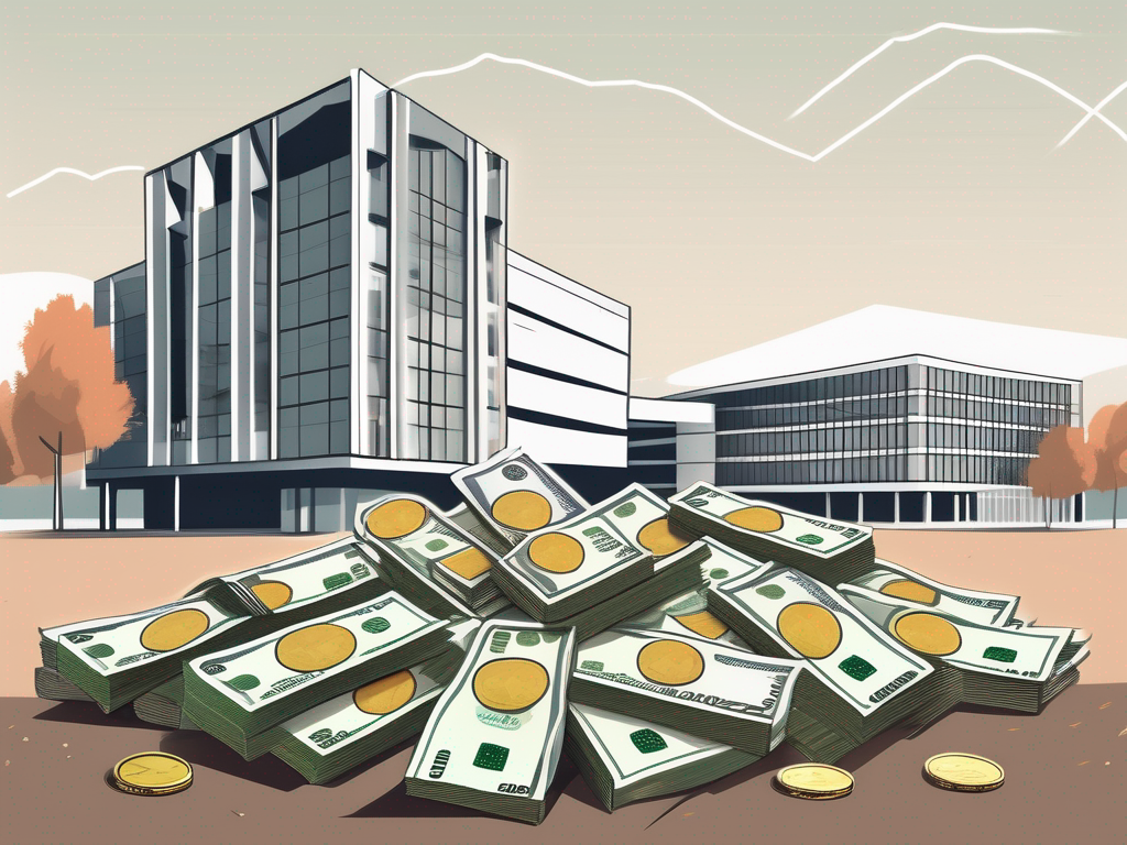 A typical spanish landscape with an international school building in the foreground and a pile of euros symbolizing salary on the side