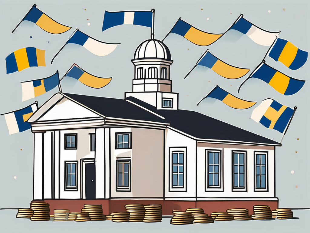 A typical swedish schoolhouse with international flags fluttering around it