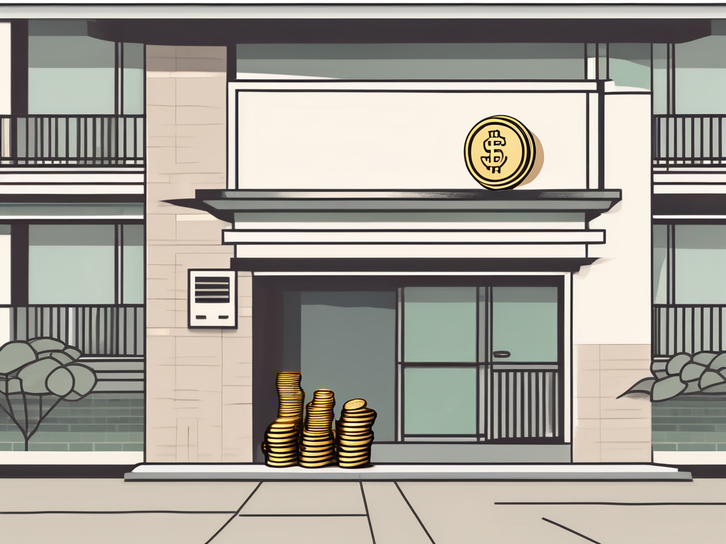 A traditional taiwanese school building with a stack of coins symbolizing salary at its entrance